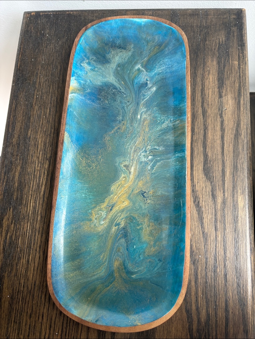 Henbitart handmade wood tray w/ blue luster finish, swirls, 12x5”